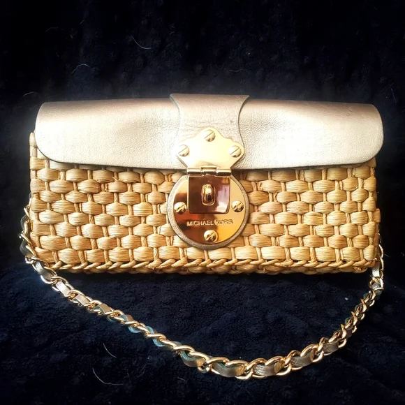 Michael Kors straw and gold leather clutch or shoulder gold chain 